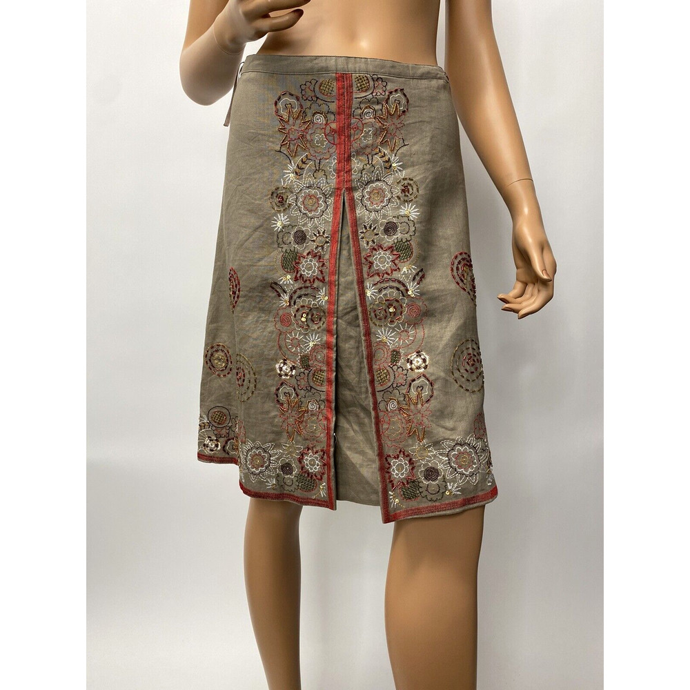 skirt Ann Carson linen khaki embroidered size 6P
